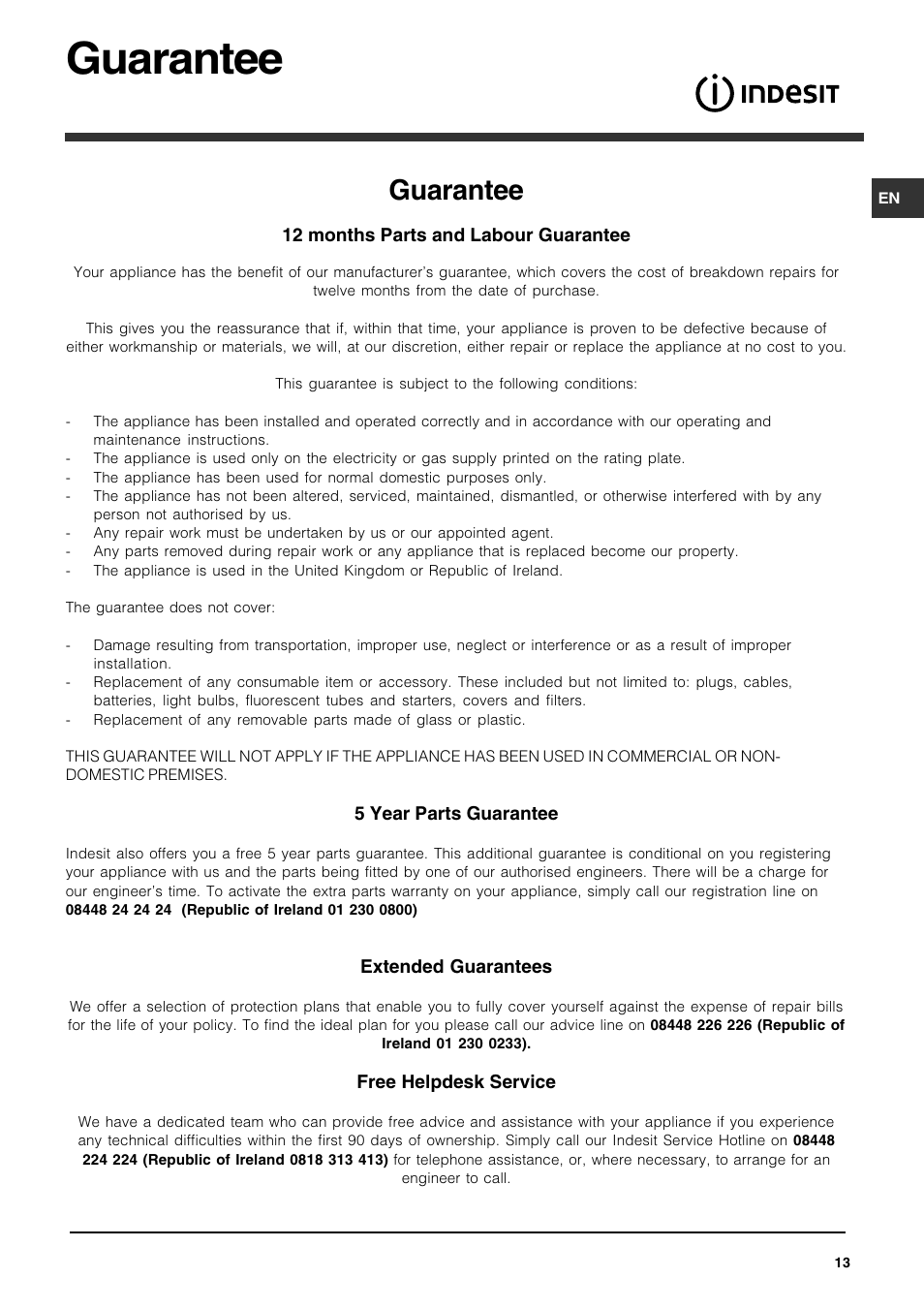 Guarantee | Indesit IDS 105 User Manual | Page 13 / 16
