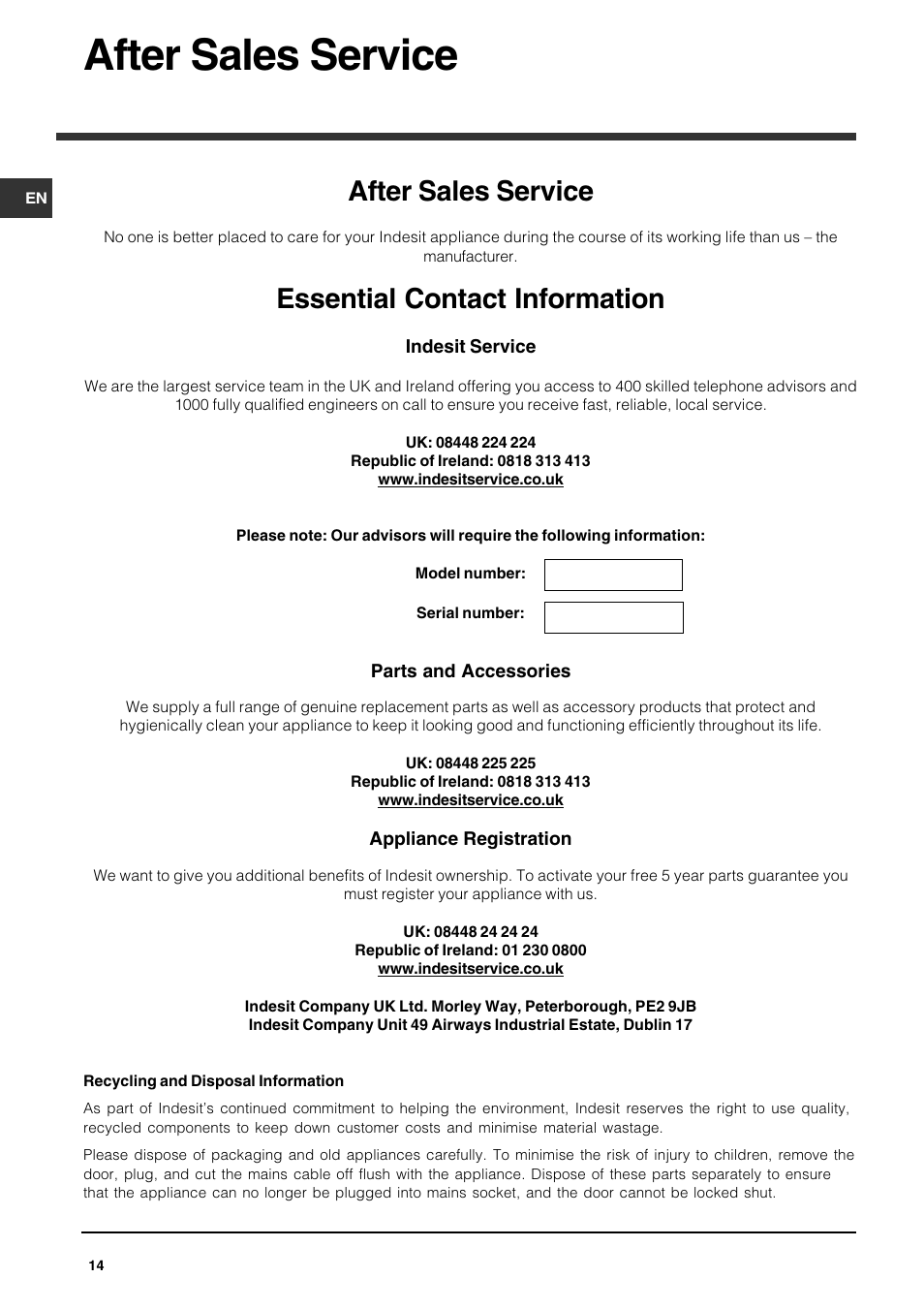 After sales service, Essential contact information | Indesit IDS 105 User Manual | Page 14 / 16