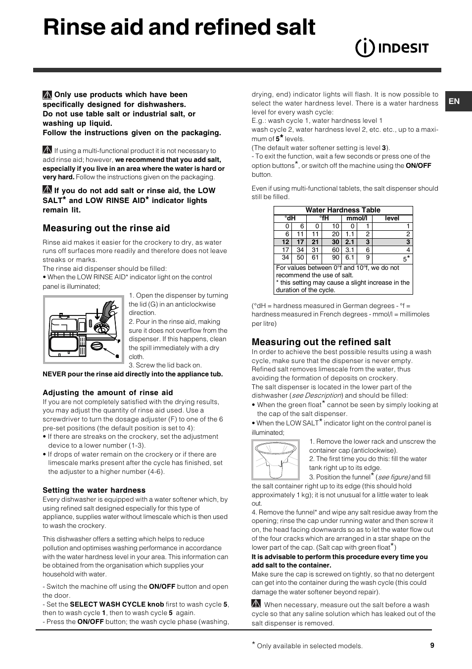 Rinse aid and refined salt, Measuring out the rinse aid, Measuring out the refined salt | Indesit IDS 105 User Manual | Page 9 / 16