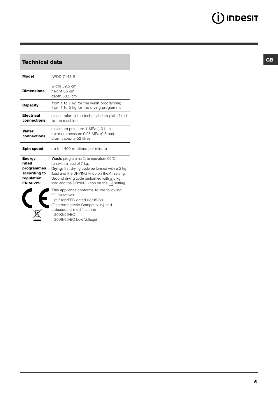 Technical data | Indesit IWDD 7143 S User Manual | Page 5 / 16