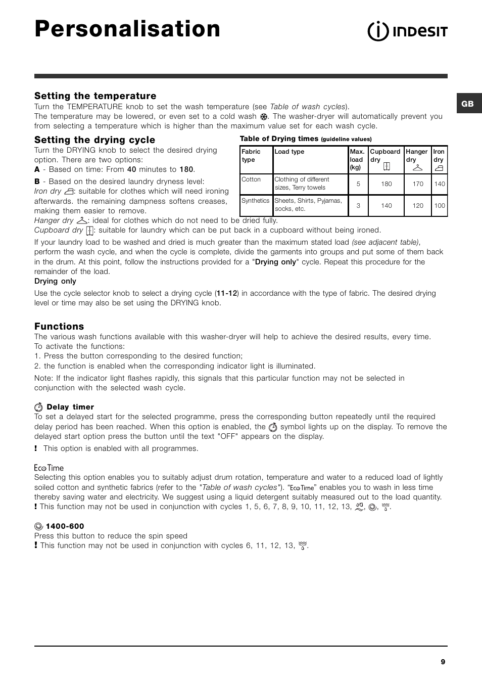Personalisation, Setting the temperature, Setting the drying cycle | Functions | Indesit IWDD 7143 S User Manual | Page 9 / 16
