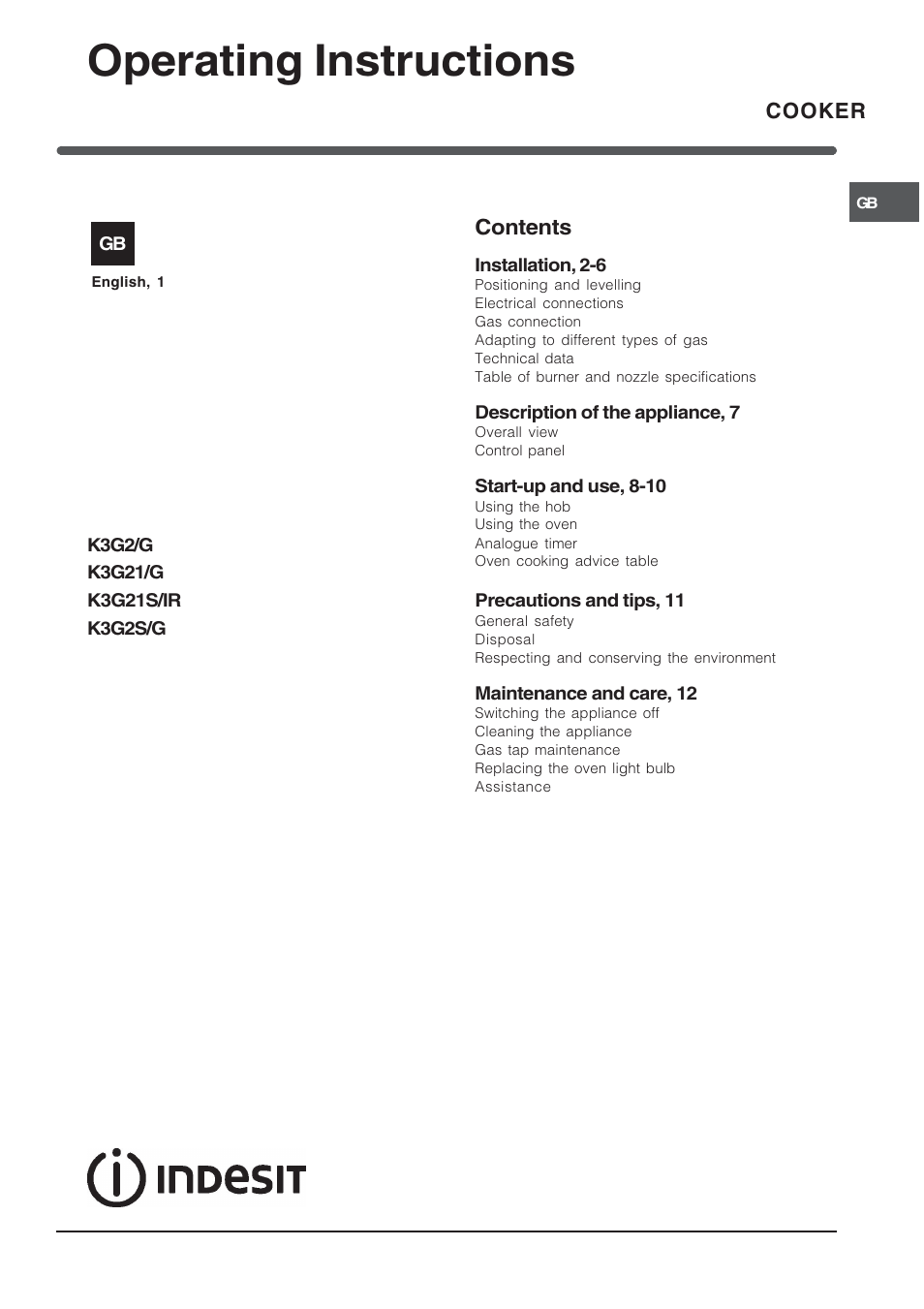 Indesit K3G2S/G User Manual | 12 pages