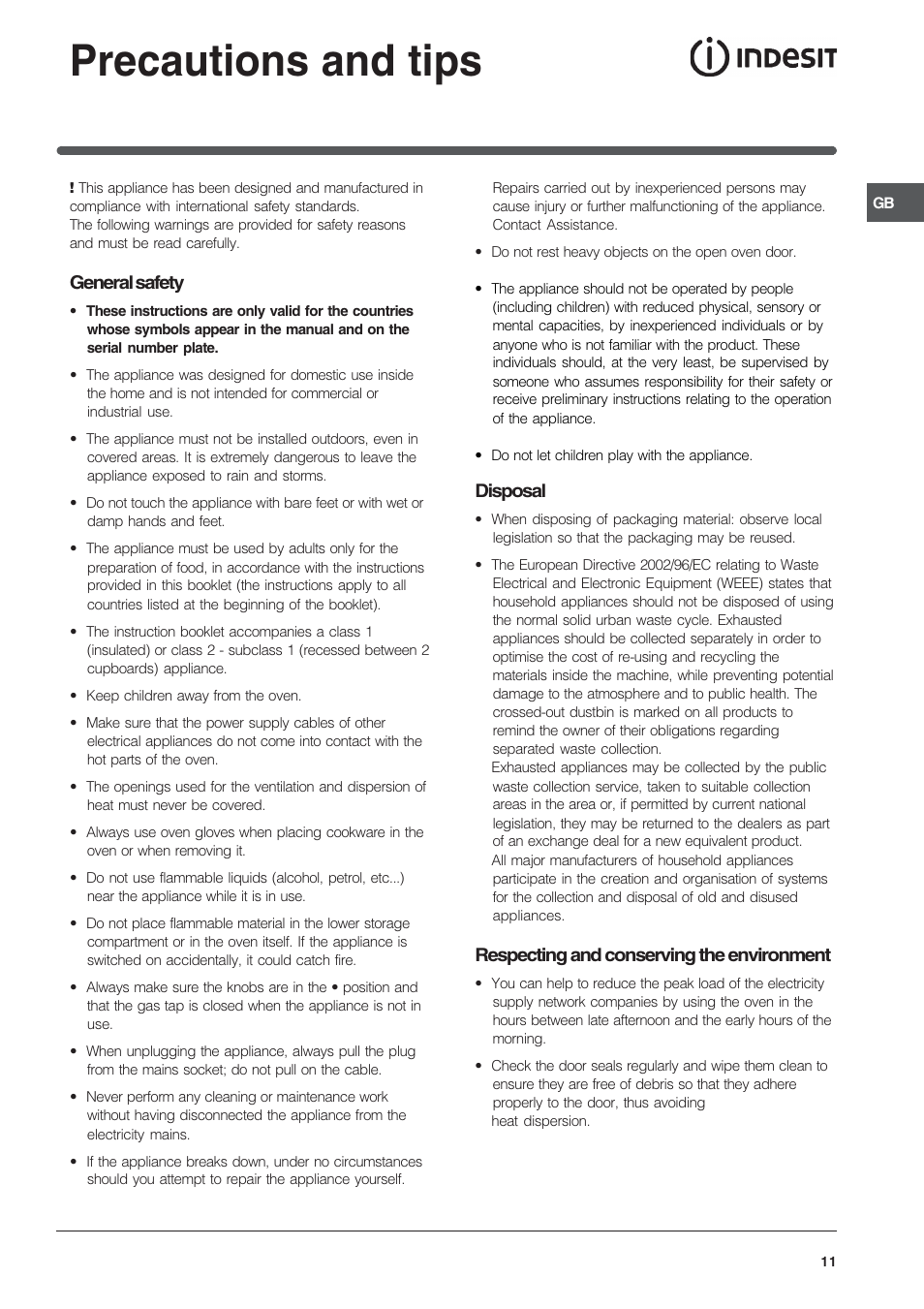 Precautions and tips, General safety, Disposal | Respecting and conserving the environment | Indesit K3G2S/G User Manual | Page 11 / 12