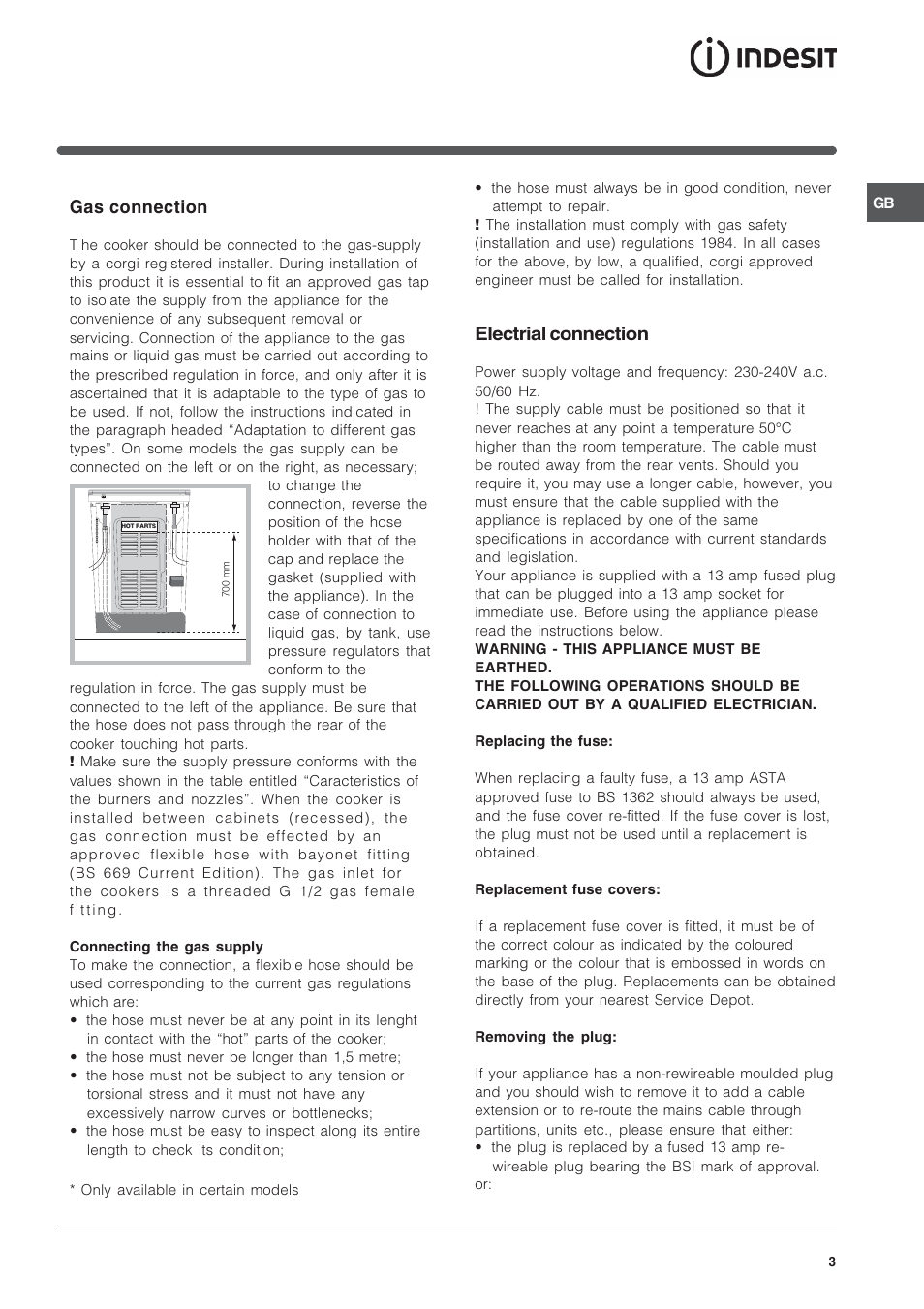 Gas connection, Electrial connection | Indesit K3G2S/G User Manual | Page 3 / 12