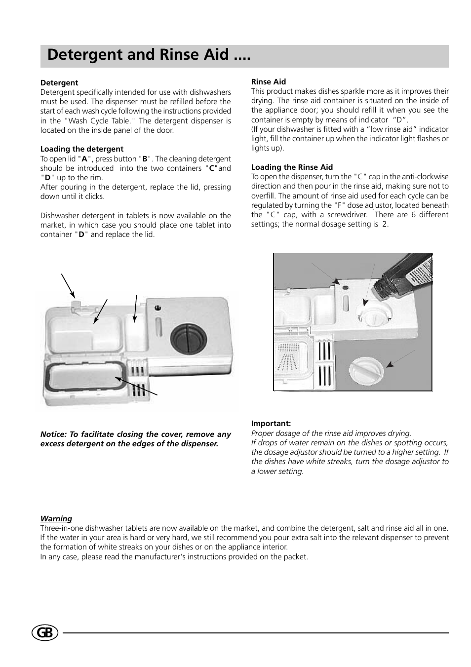 Detergent and rinse aid | Indesit D41 User Manual | Page 6 / 16