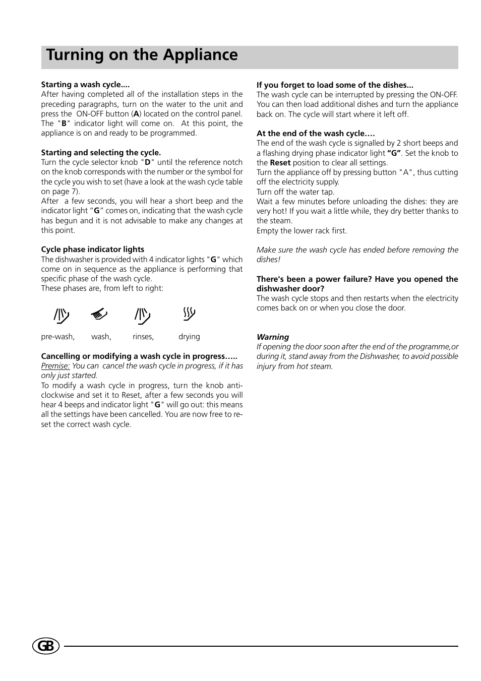Turning on the appliance | Indesit D41 User Manual | Page 8 / 16