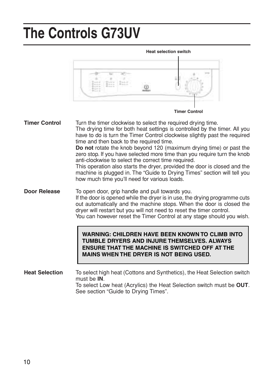 The controls g73uv | Indesit G73VU User Manual | Page 10 / 20