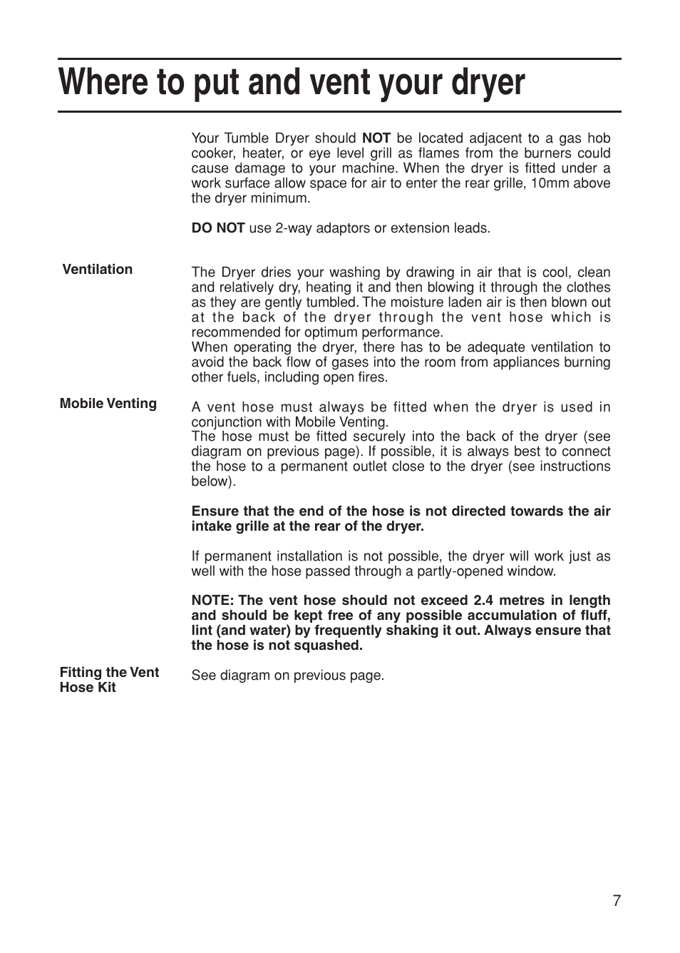Where to put and vent your dryer | Indesit G73VU User Manual | Page 7 / 20