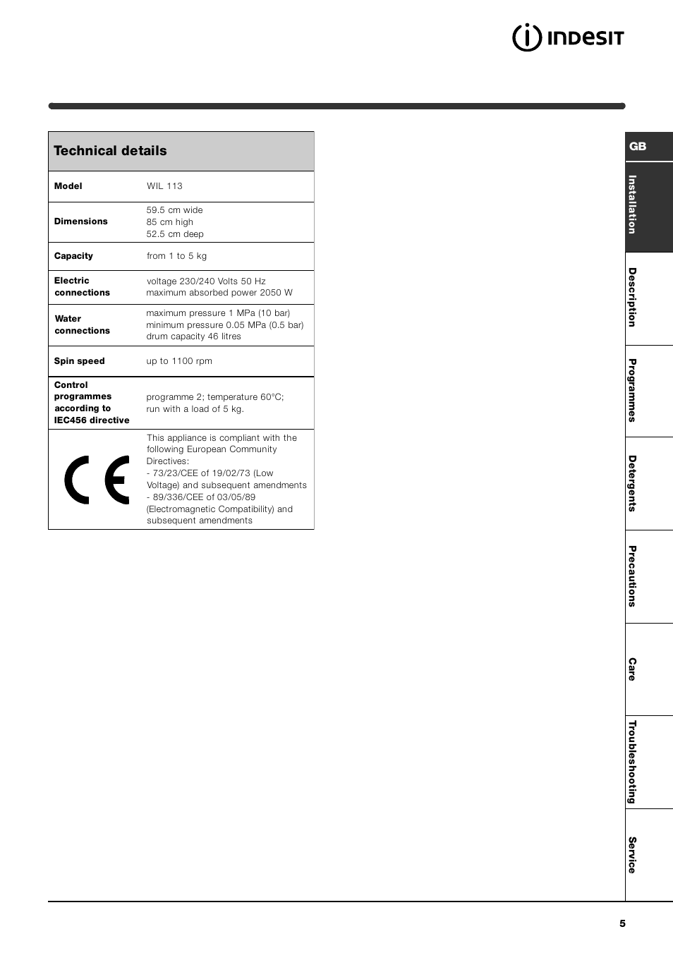 Technical details | Indesit WIL 113 User Manual | Page 5 / 16