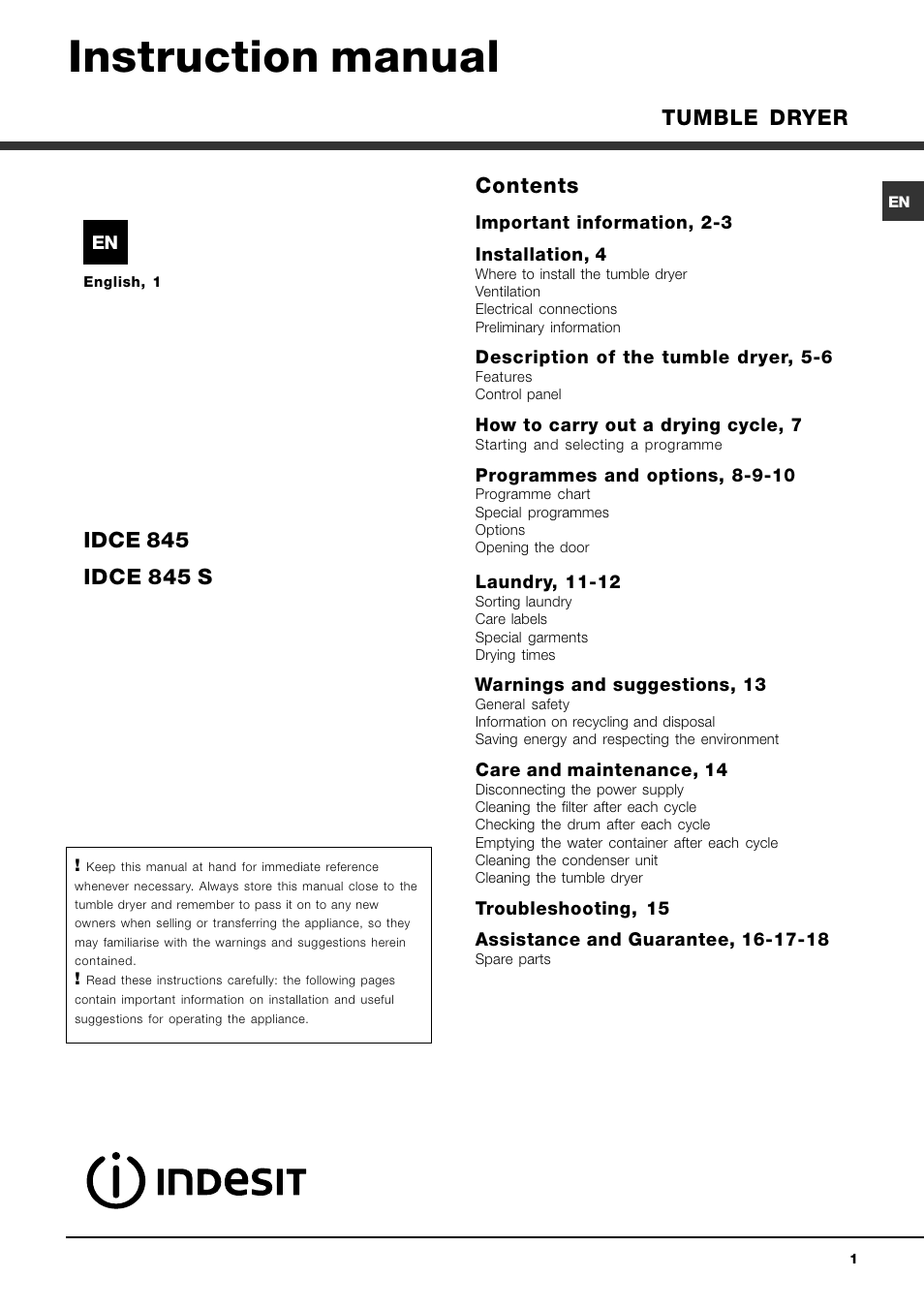 Indesit IDCE 845 S User Manual | 20 pages