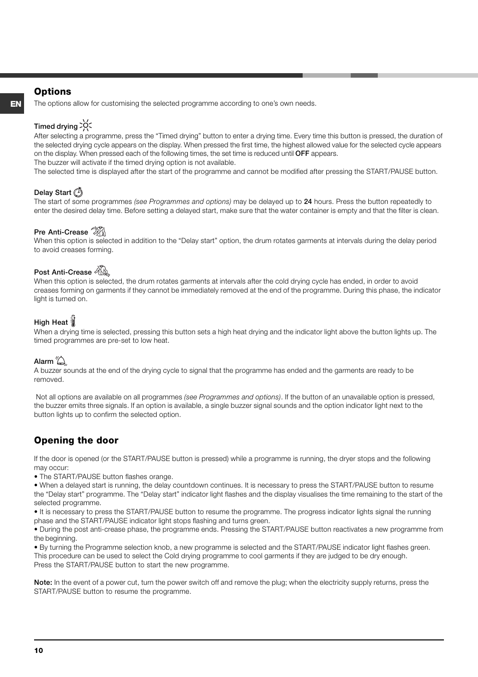 Options, Opening the door | Indesit IDCE 845 S User Manual | Page 10 / 20