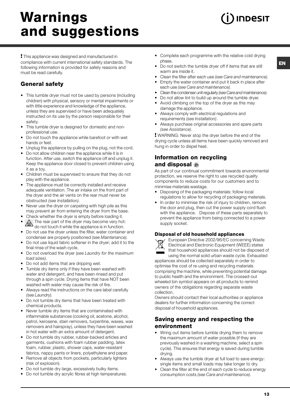 Warnings and suggestions, General safety, Information on recycling and disposal | Saving energy and respecting the environment | Indesit IDCE 845 S User Manual | Page 13 / 20