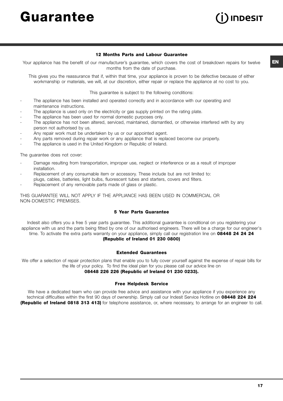 Guarantee | Indesit IDCE 845 S User Manual | Page 17 / 20