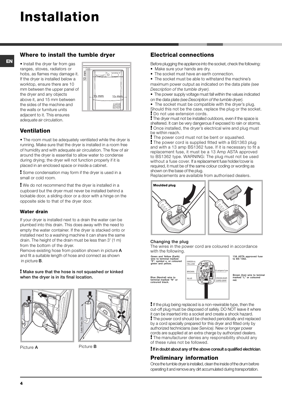 Installation, Where to install the tumble dryer, Ventilation | Electrical connections, Preliminary information | Indesit IDCE 845 S User Manual | Page 4 / 20