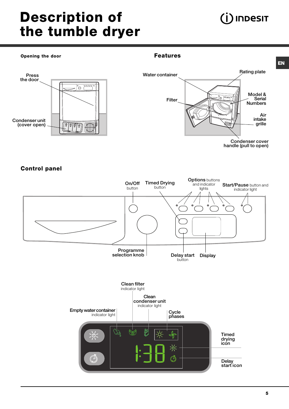 Description of the tumble dryer | Indesit IDCE 845 S User Manual | Page 5 / 20