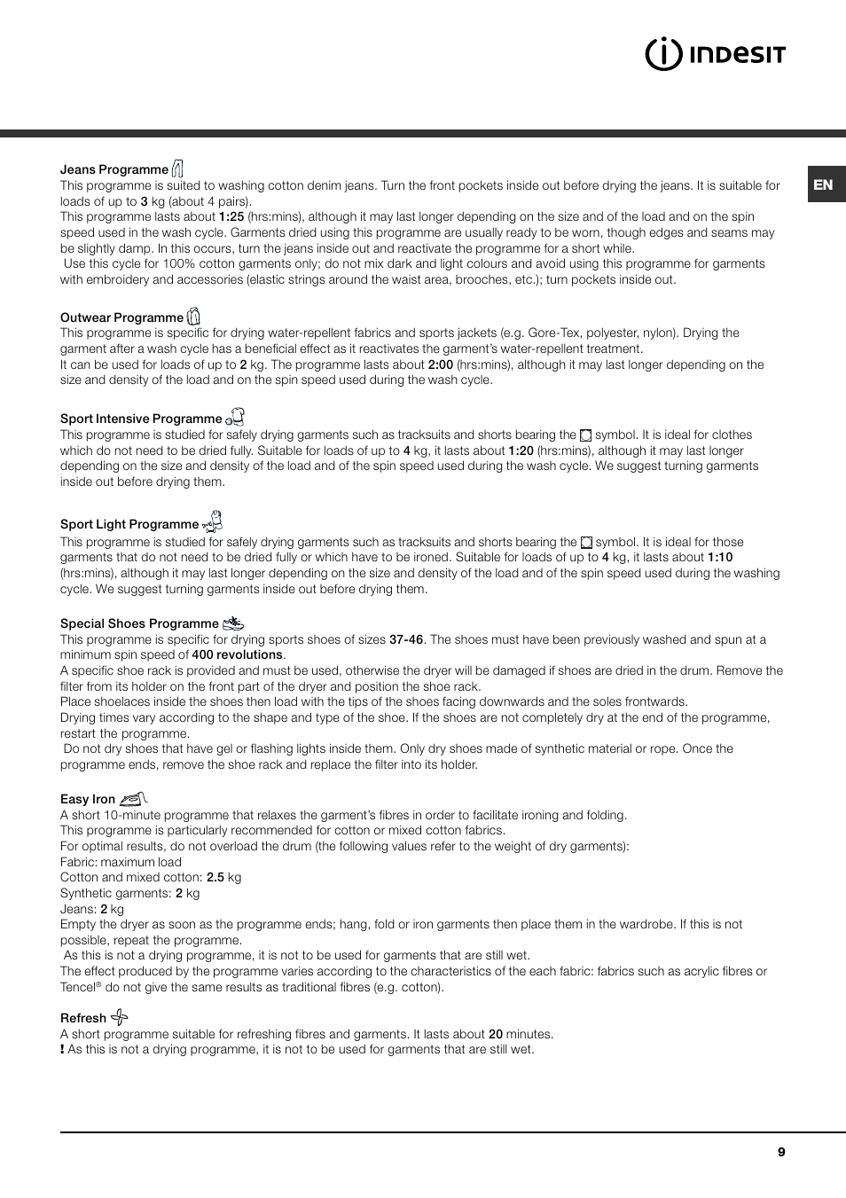 Indesit IDCE 845 S User Manual | Page 9 / 20