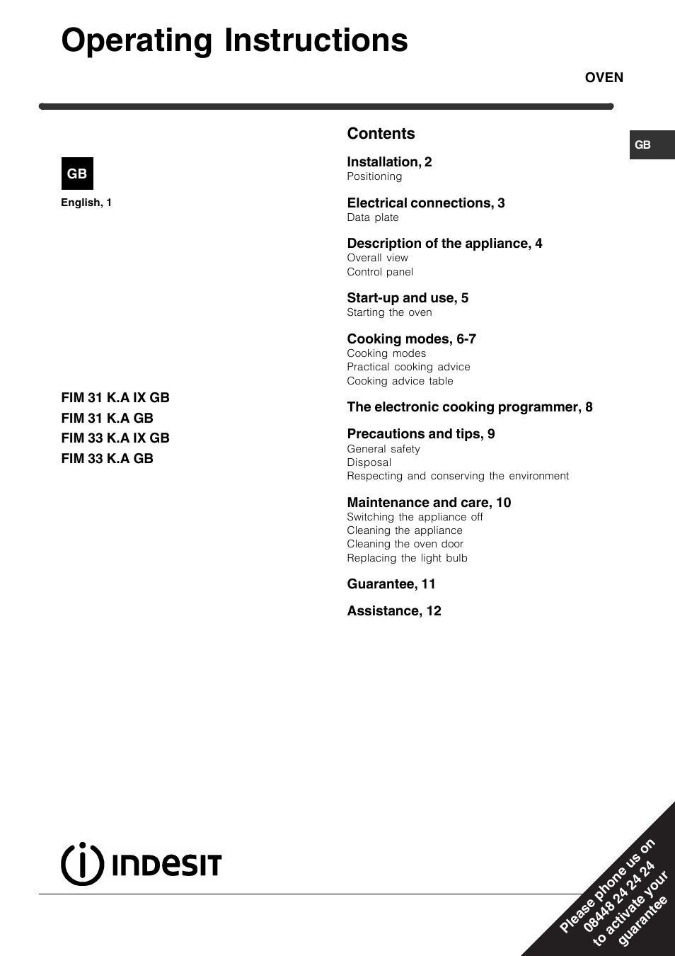 Indesit FIM 31 K.A IX GB User Manual | 12 pages