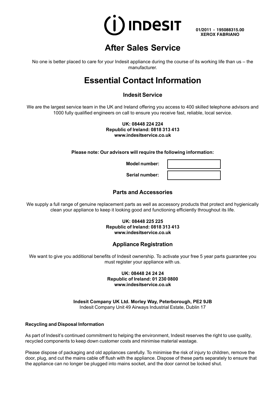 After sales service, Essential contact information | Indesit FIM 31 K.A IX GB User Manual | Page 12 / 12