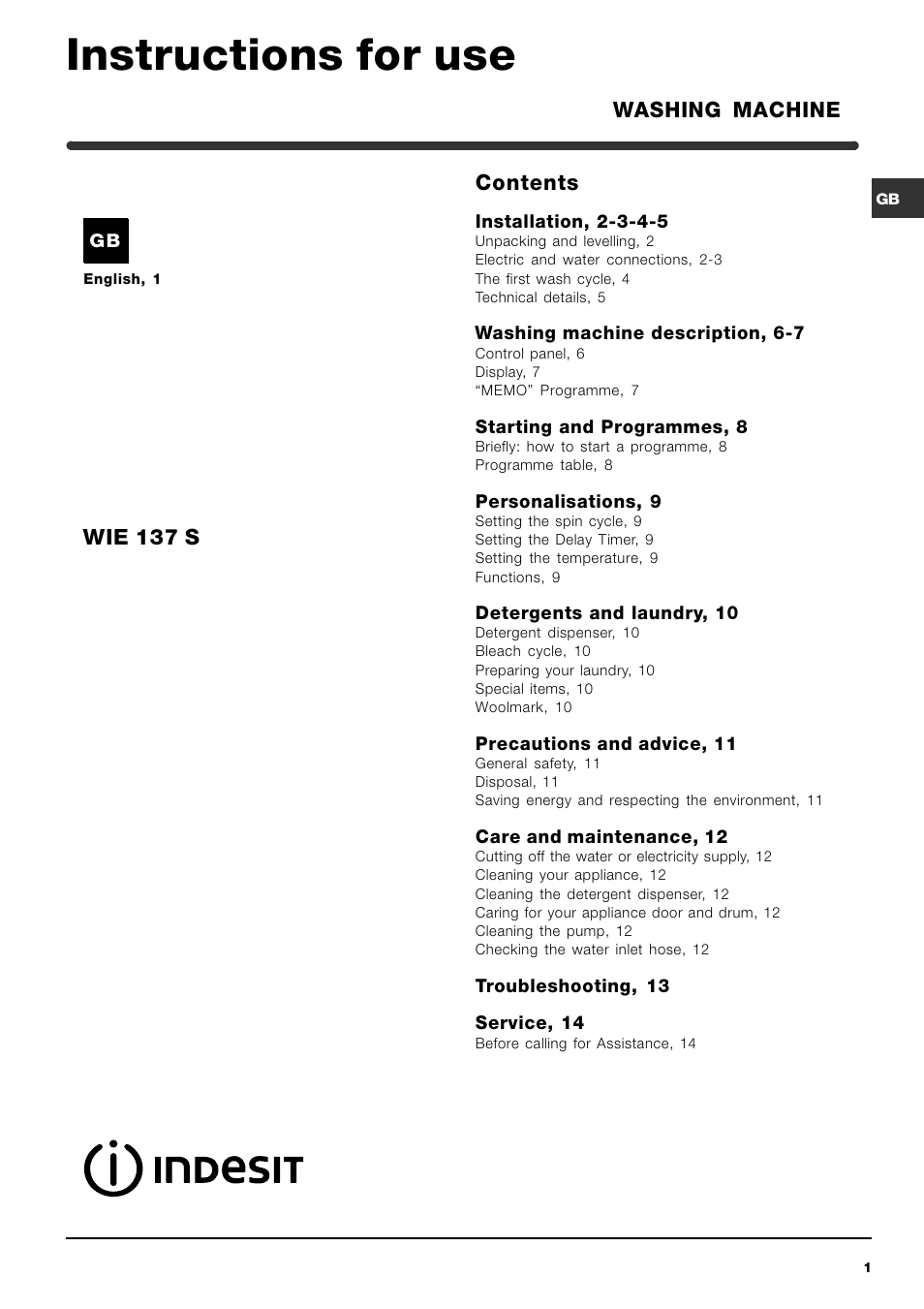 Indesit WIE137 S User Manual | 16 pages