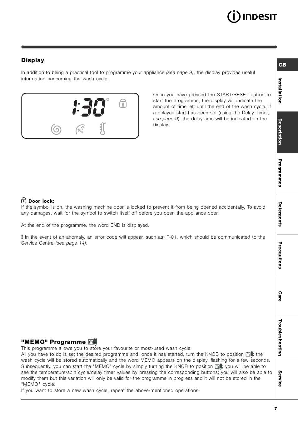 Display | Indesit WIE137 S User Manual | Page 7 / 16