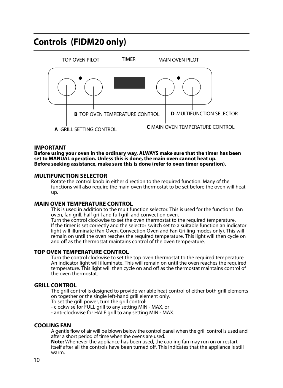 Controls (fidm20 only) | Indesit FIDM20 Mk2 User Manual | Page 10 / 48