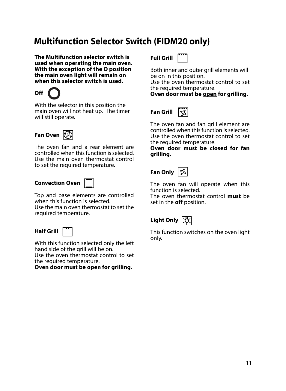 Multifunction selector switch (fidm20 only) | Indesit FIDM20 Mk2 User Manual | Page 11 / 48