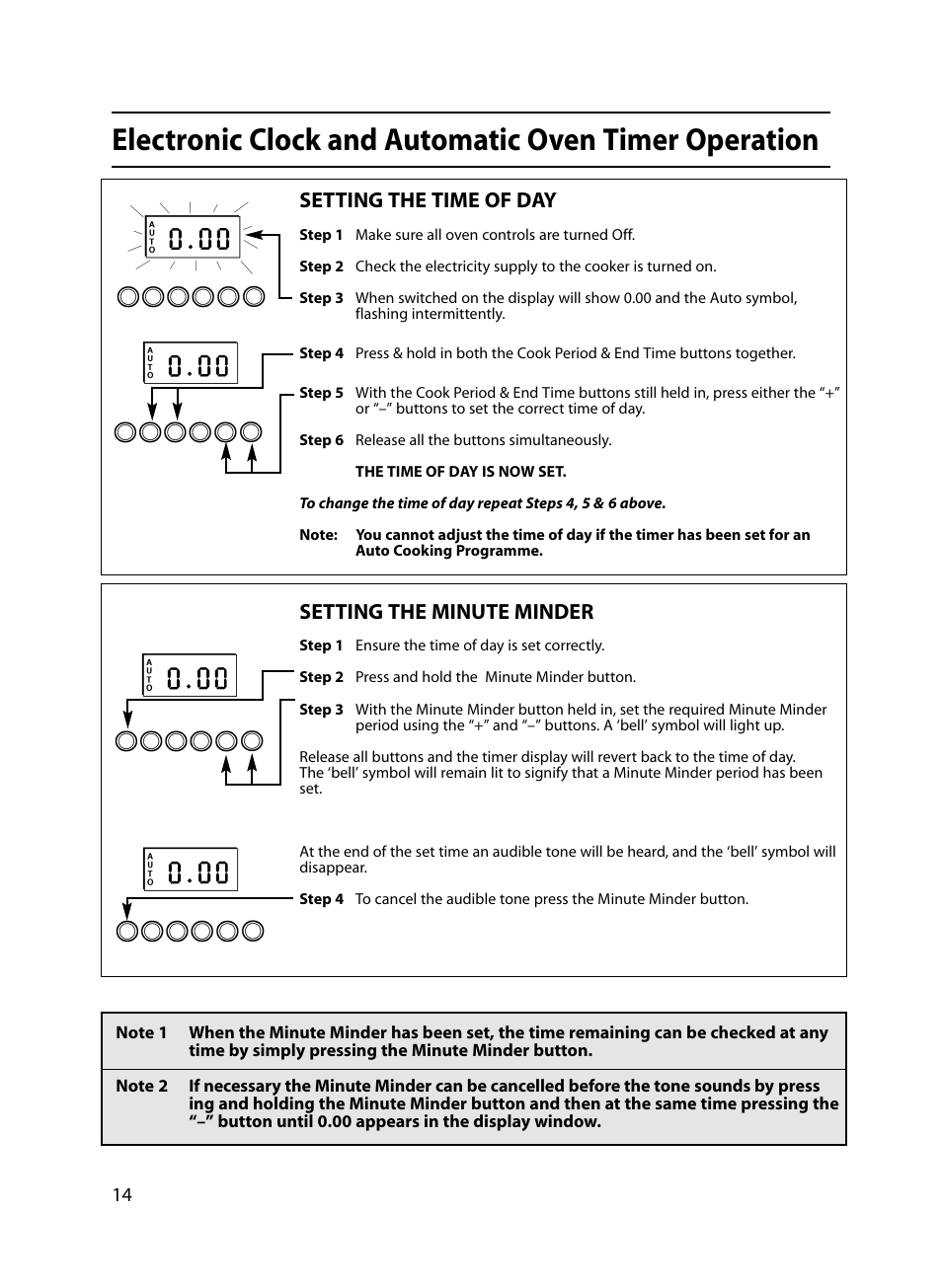 Setting the time of day, Setting the minute minder | Indesit FIDM20 Mk2 User Manual | Page 14 / 48