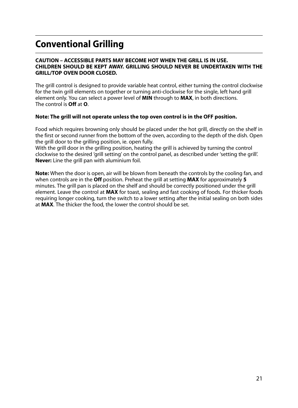 Conventional grilling | Indesit FIDM20 Mk2 User Manual | Page 21 / 48