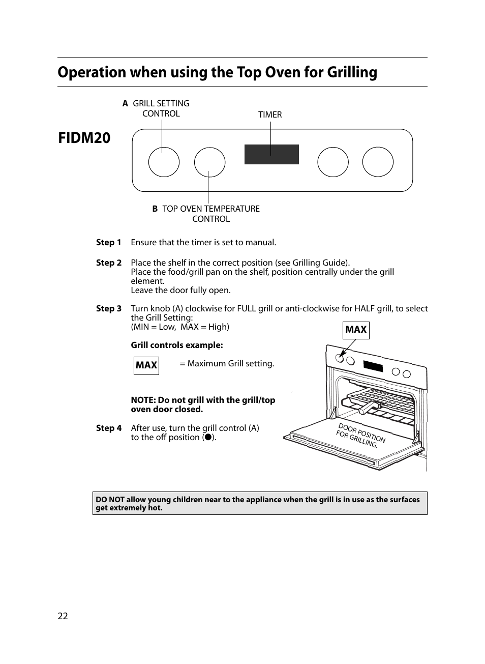 Operation when using the top oven for grilling, Fidm20 | Indesit FIDM20 Mk2 User Manual | Page 22 / 48
