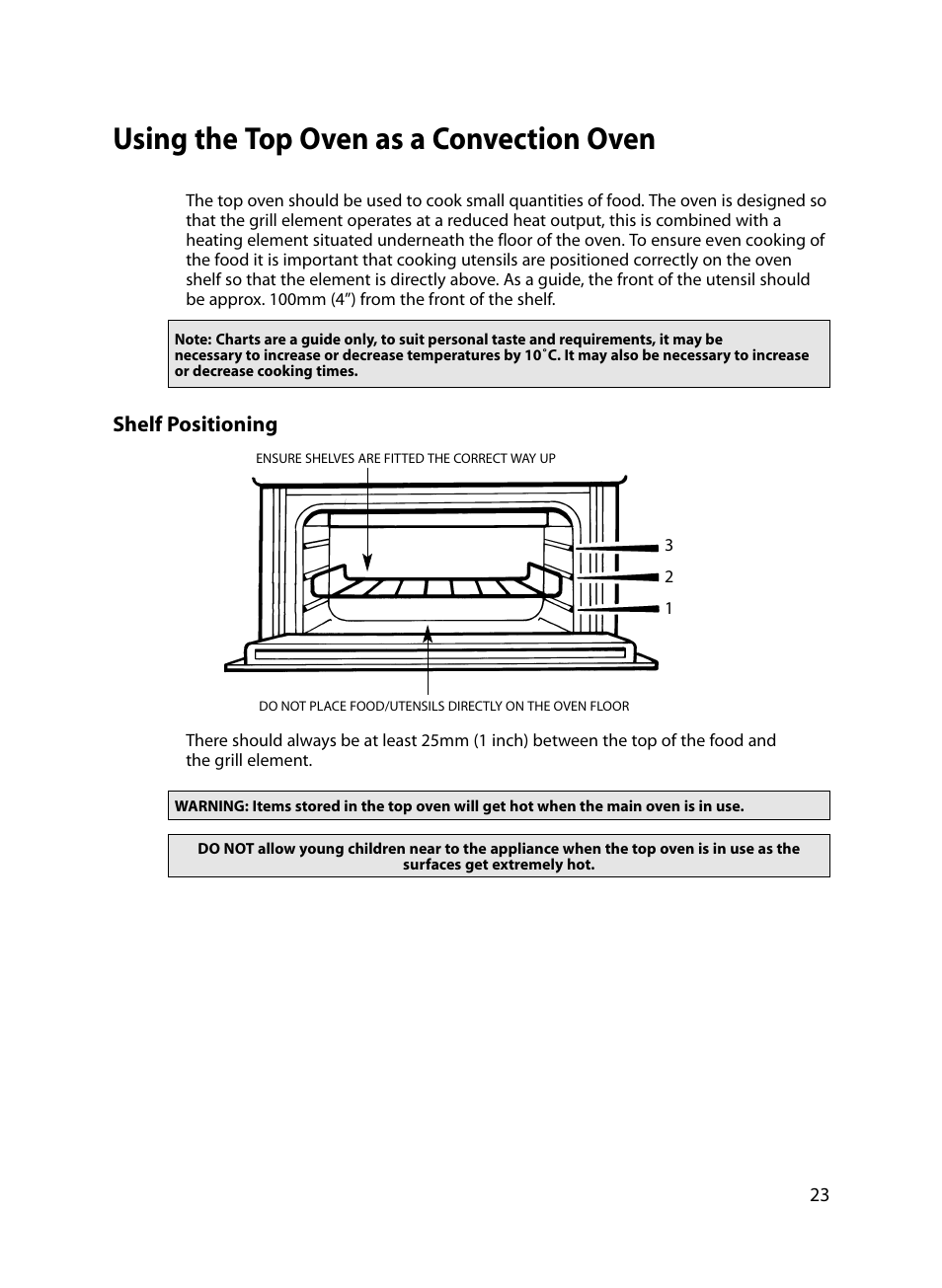 Using the top oven as a convection oven, Shelf positioning | Indesit FIDM20 Mk2 User Manual | Page 23 / 48