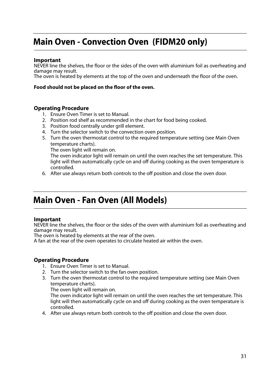 Main oven - convection oven (fidm20 only), Main oven - fan oven (all models) | Indesit FIDM20 Mk2 User Manual | Page 31 / 48