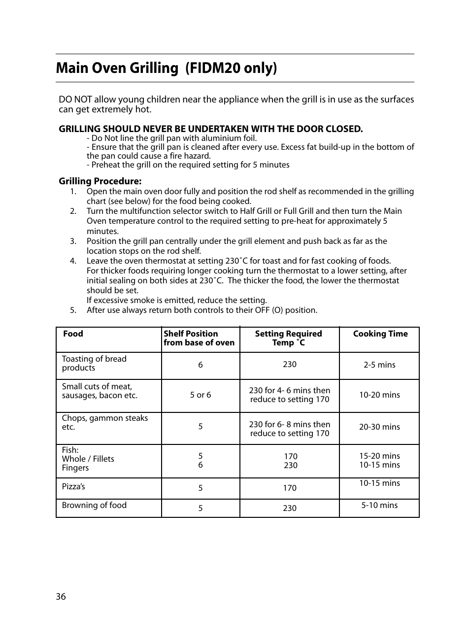 Main oven grilling (fidm20 only) | Indesit FIDM20 Mk2 User Manual | Page 36 / 48