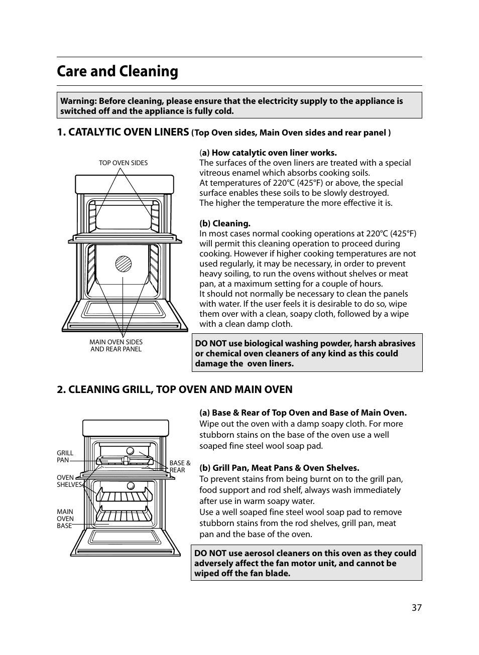 Care and cleaning, Catalytic oven liners, Cleaning grill, top oven and main oven | Indesit FIDM20 Mk2 User Manual | Page 37 / 48