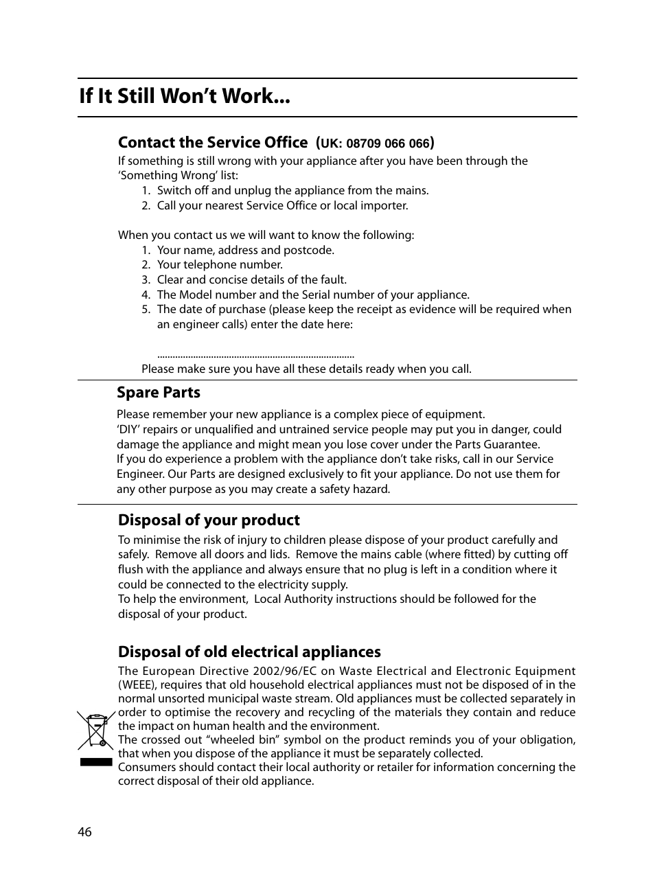 If it still won’t work | Indesit FIDM20 Mk2 User Manual | Page 46 / 48