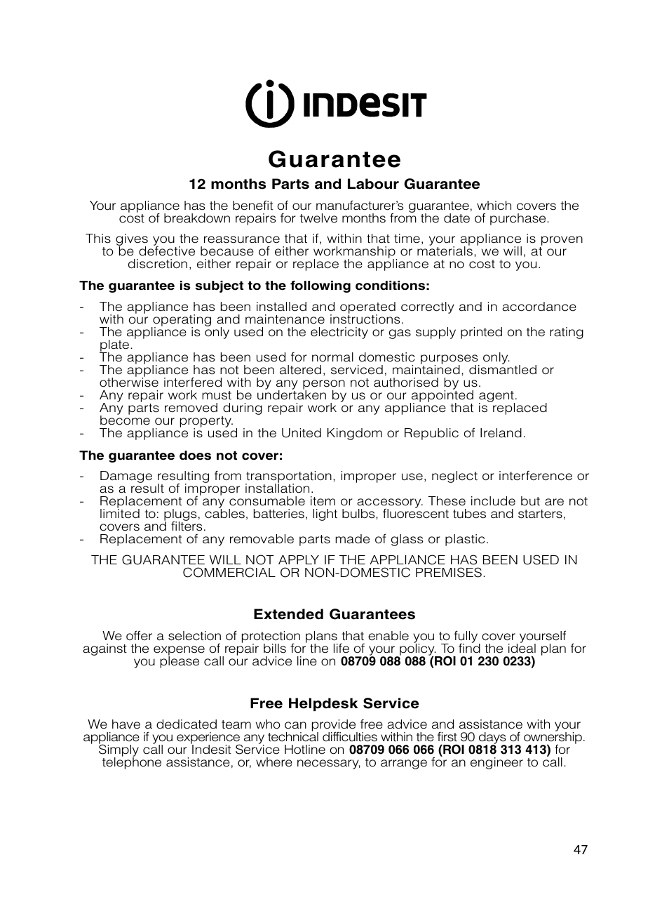 Guarantee | Indesit FIDM20 Mk2 User Manual | Page 47 / 48