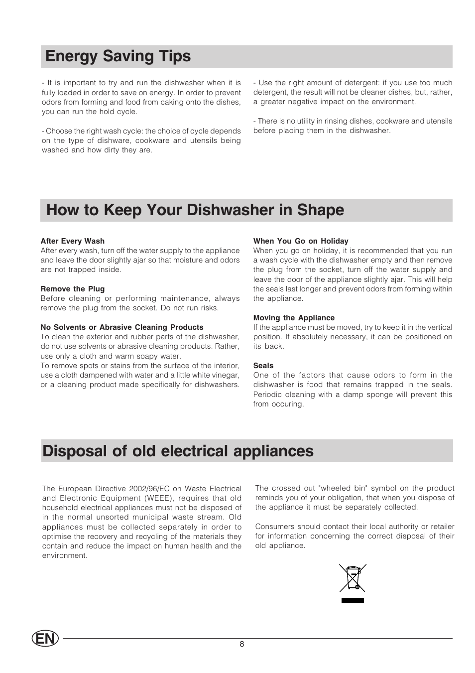 Energy saving tips, How to keep your dishwasher in shape, Disposal of old electrical appliances | Indesit IDL 530 User Manual | Page 10 / 16
