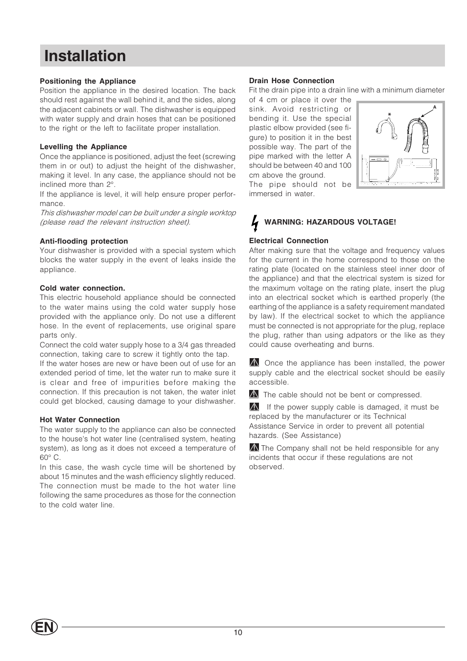 Installation | Indesit IDL 530 User Manual | Page 12 / 16