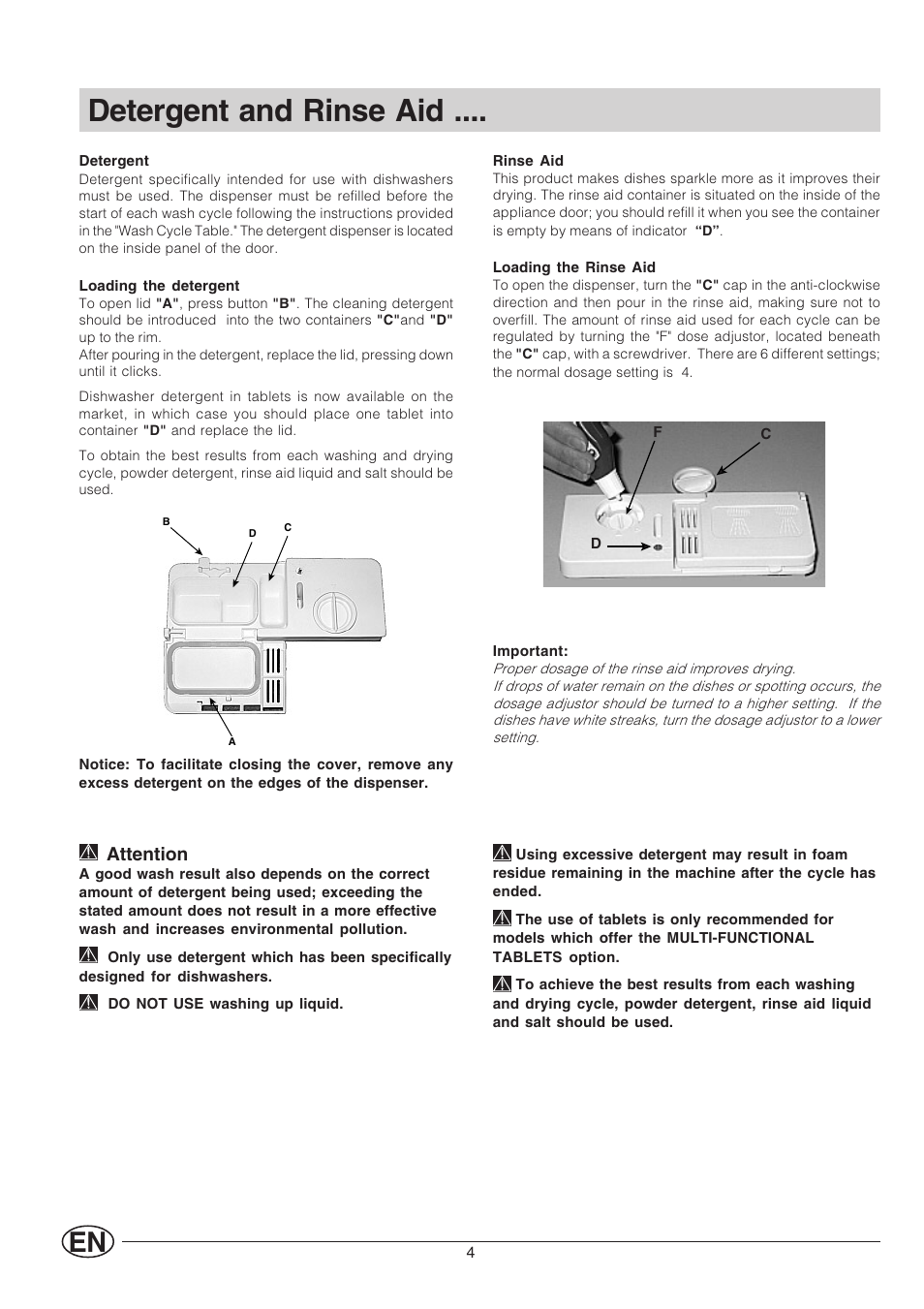 Detergent and rinse aid, Attention | Indesit IDL 530 User Manual | Page 6 / 16