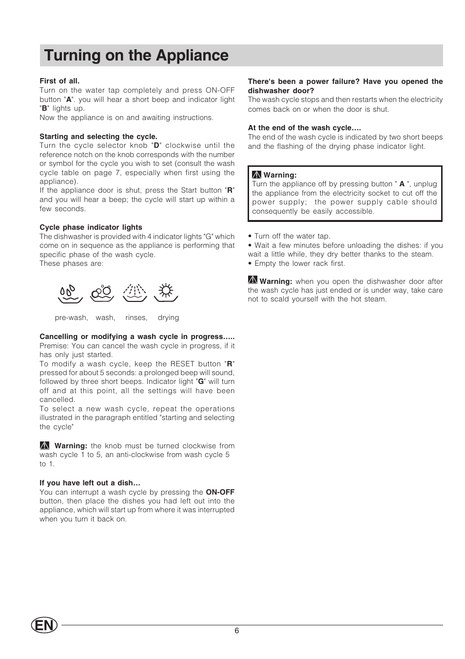 Turning on the appliance | Indesit IDL 530 User Manual | Page 8 / 16