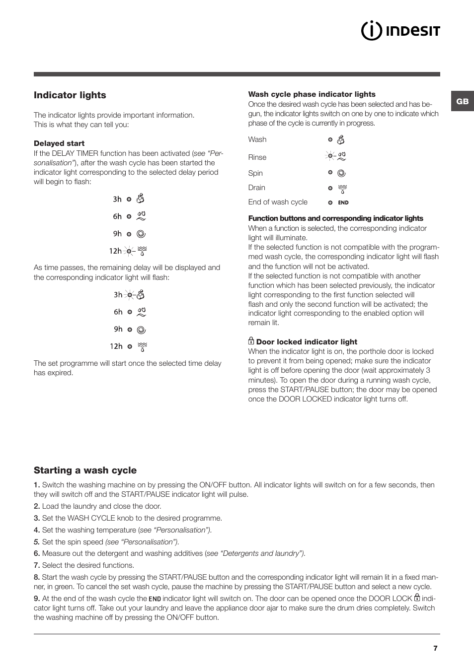 Indicator lights, Starting a wash cycle | Indesit IWSC User Manual | Page 7 / 16