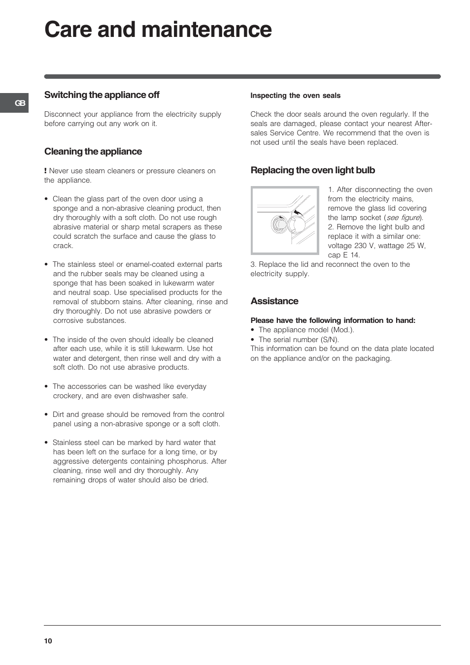 Care and maintenance | Indesit K6E32/G User Manual | Page 10 / 12