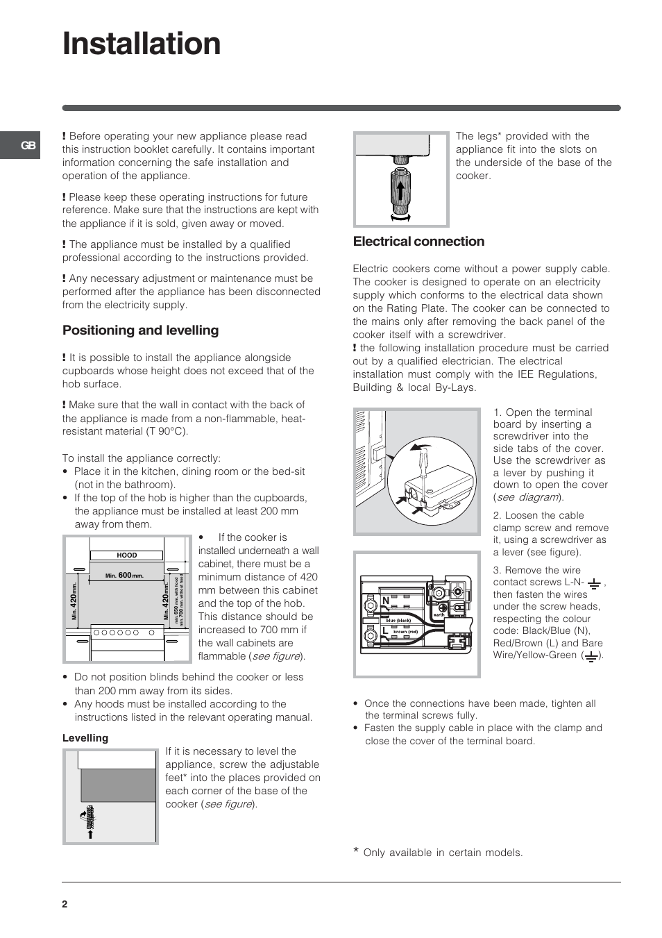 Installation, Positioning and levelling, Electrical connection | Indesit K6E32/G User Manual | Page 2 / 12