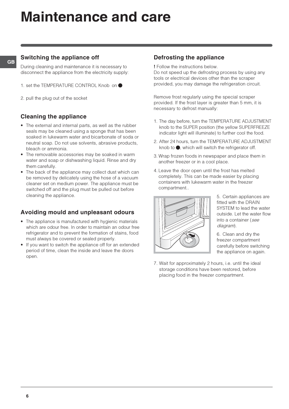 Maintenance and care | Indesit GB UFAN 400 User Manual | Page 6 / 12