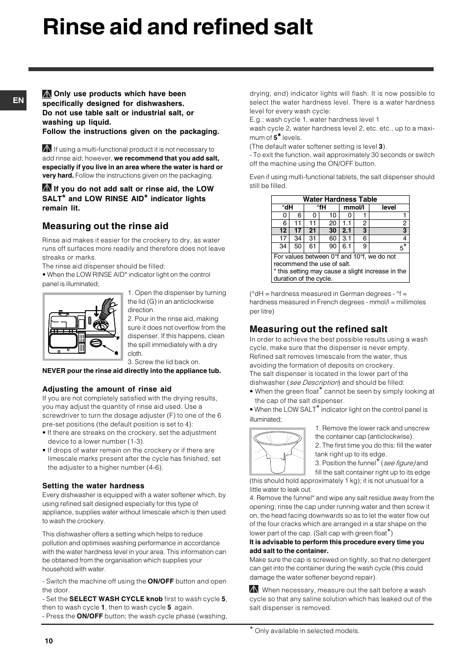 Rinse aid and refined salt, Measuring out the rinse aid, Measuring out the refined salt | Indesit IDP 127 User Manual | Page 10 / 16