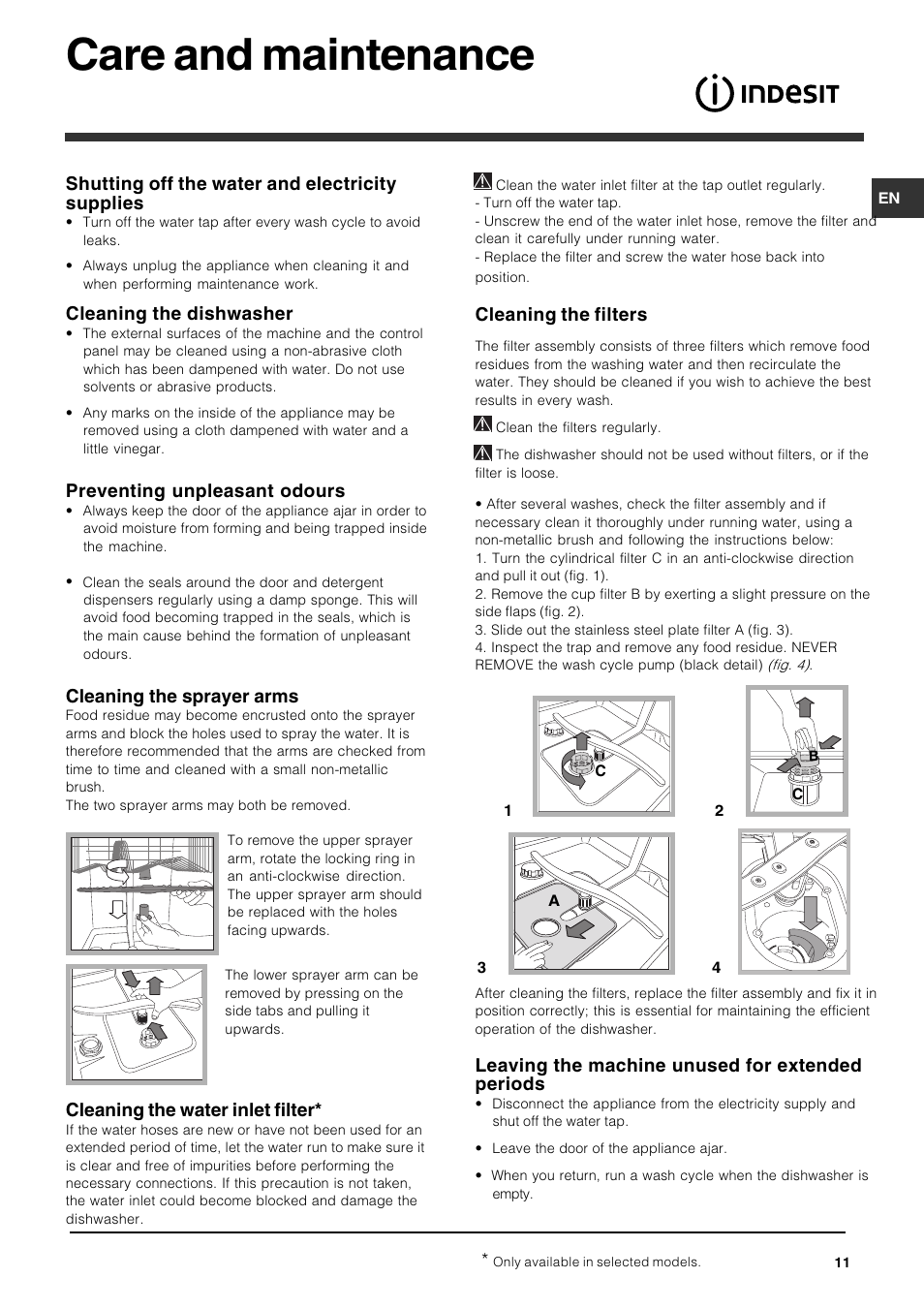 Care and maintenance, Shutting off the water and electricity supplies, Cleaning the dishwasher | Preventing unpleasant odours, Cleaning the sprayer arms, Cleaning the water inlet filter, Cleaning the filters, Leaving the machine unused for extended periods | Indesit IDP 127 User Manual | Page 11 / 16