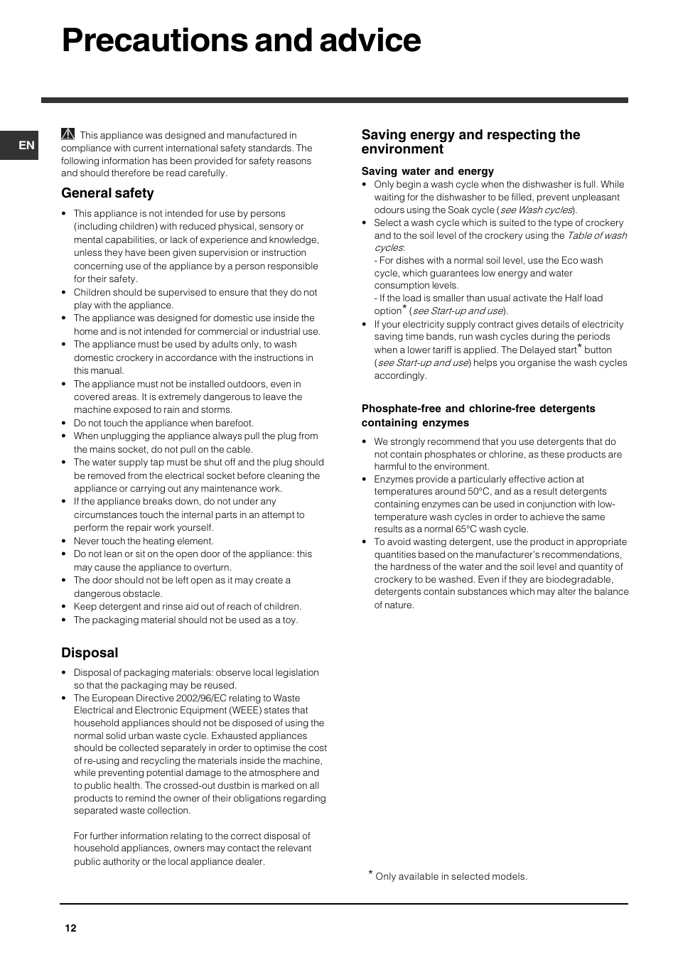 Precautions and advice, General safety, Disposal | Saving energy and respecting the environment | Indesit IDP 127 User Manual | Page 12 / 16