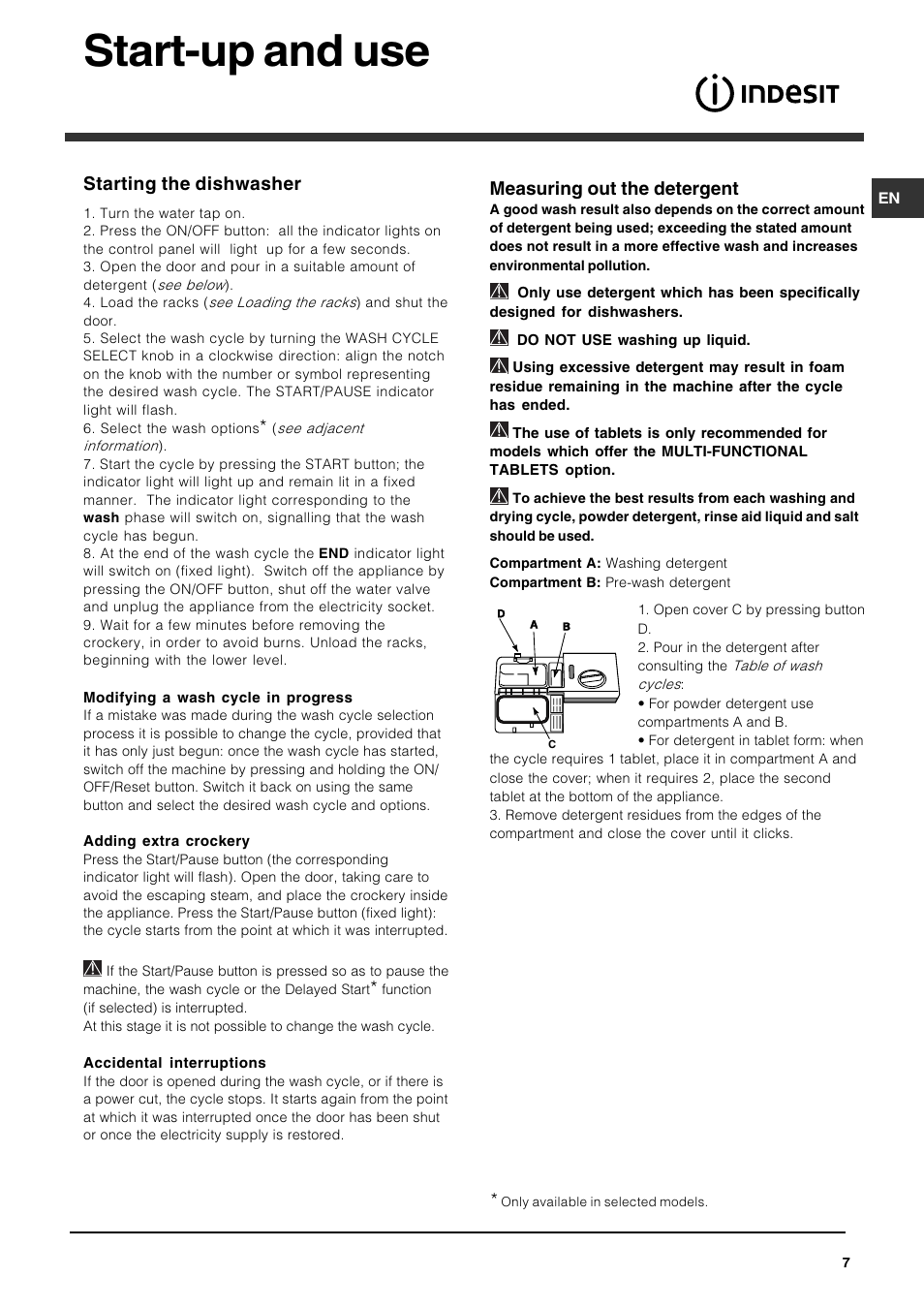 Start-up and use, Measuring out the detergent, Starting the dishwasher | Indesit IDP 127 User Manual | Page 7 / 16