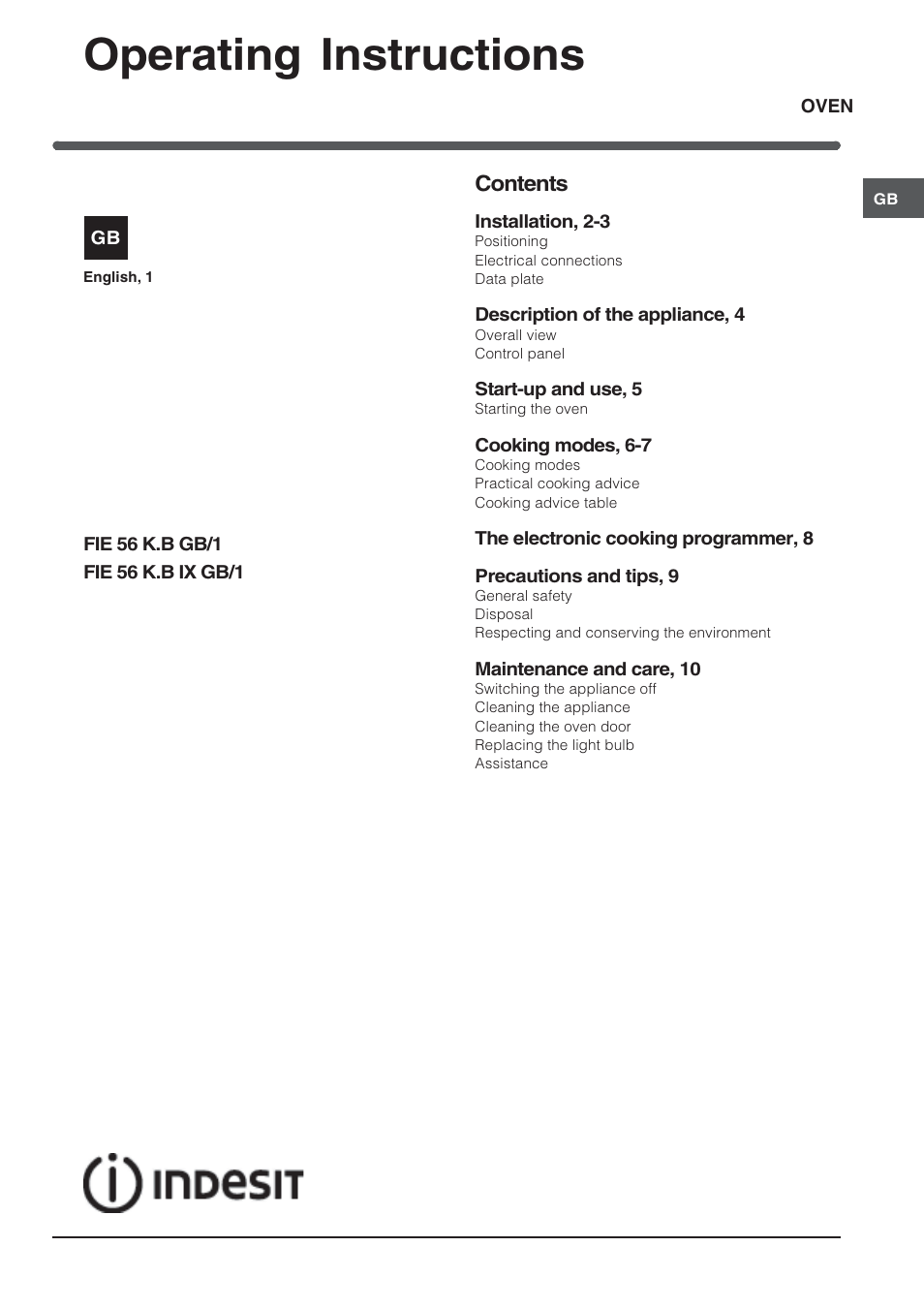 Indesit FIE 56 K.B IX GB/1 User Manual | 12 pages