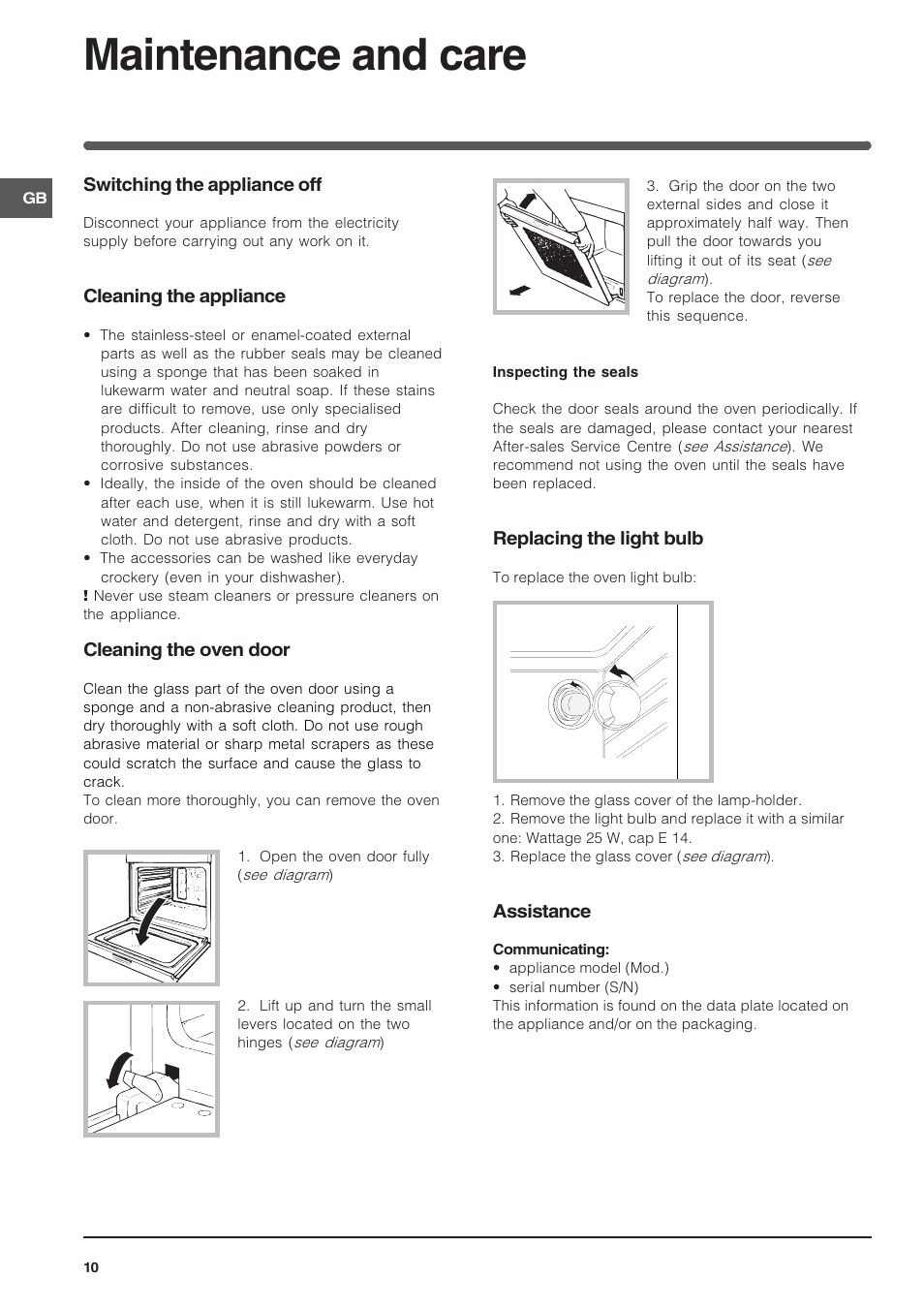 Maintenance and care | Indesit FIE 56 K.B IX GB/1 User Manual | Page 10 / 12