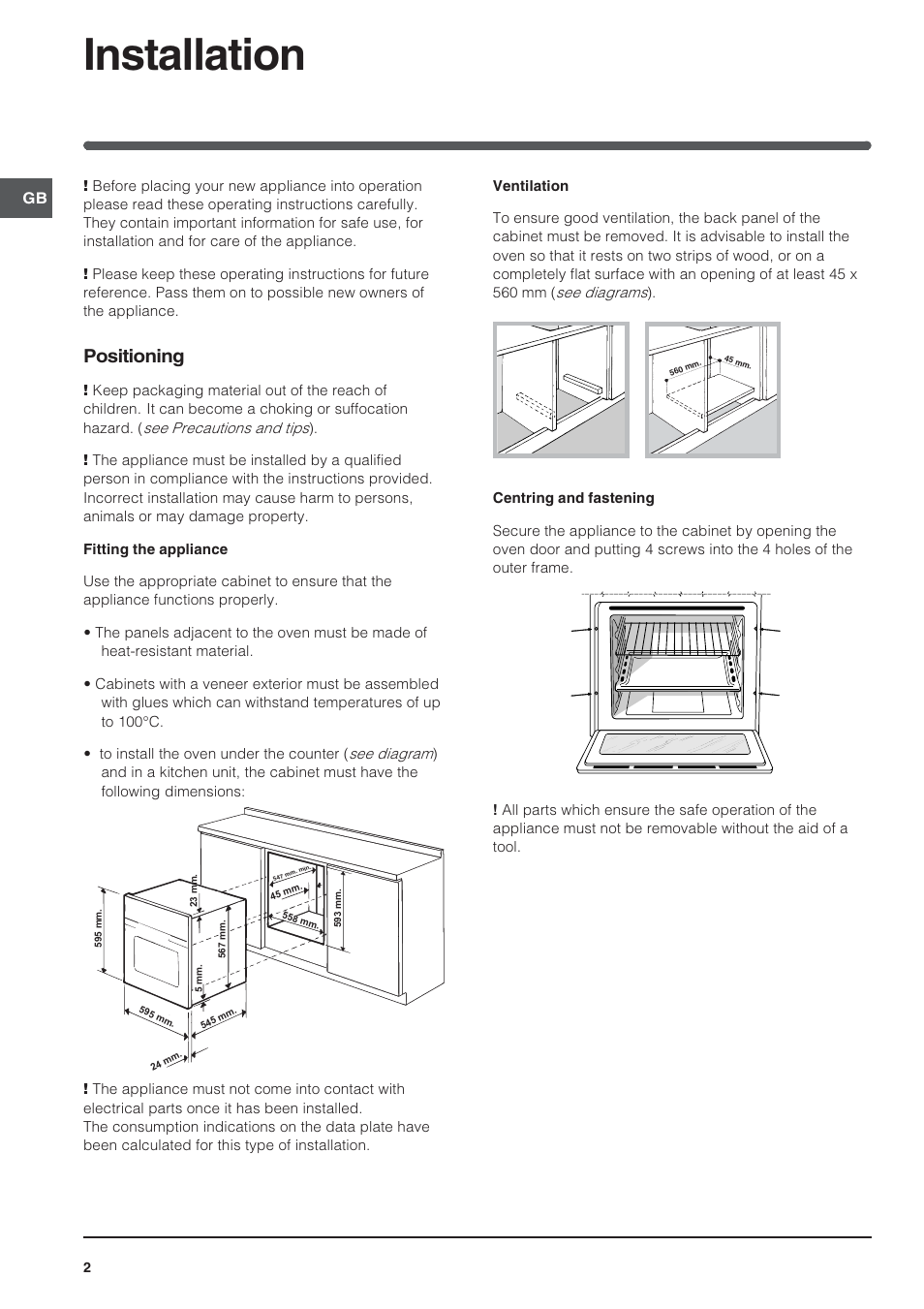 Installation, Positioning | Indesit FIE 56 K.B IX GB/1 User Manual | Page 2 / 12